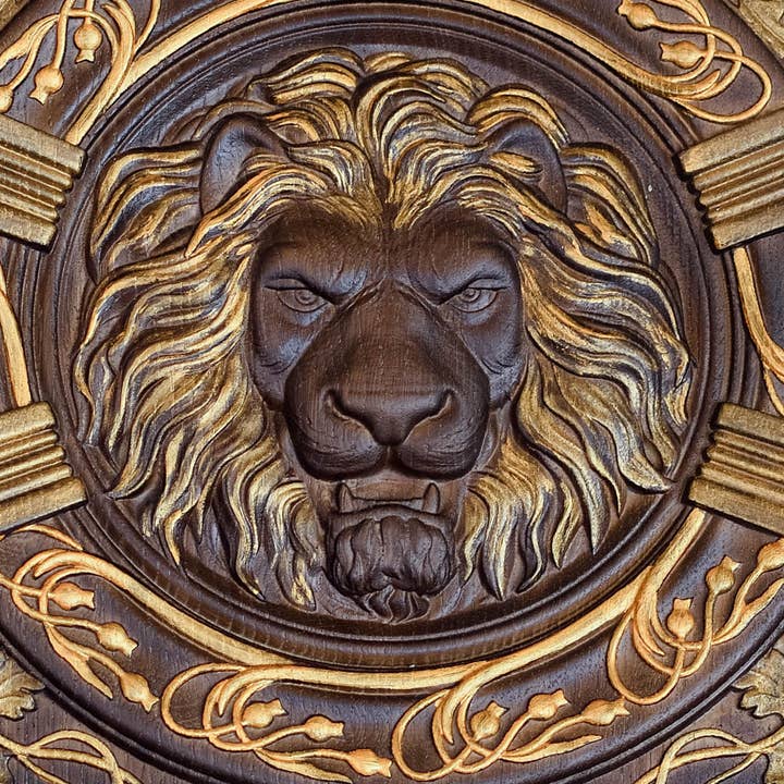 KozakWorkshop - Wholesale Plaque - Lion Head squared wooden carved plaque christian decor1