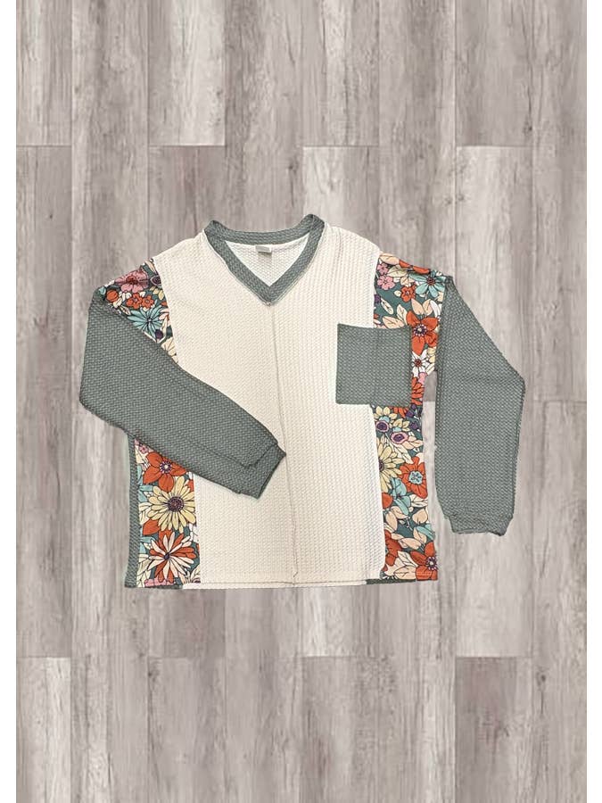 7th Ray - Wholesale Knit Top - Women's - Waffle Knit Floral Contrast V Neck Long Sleeve Top T61360