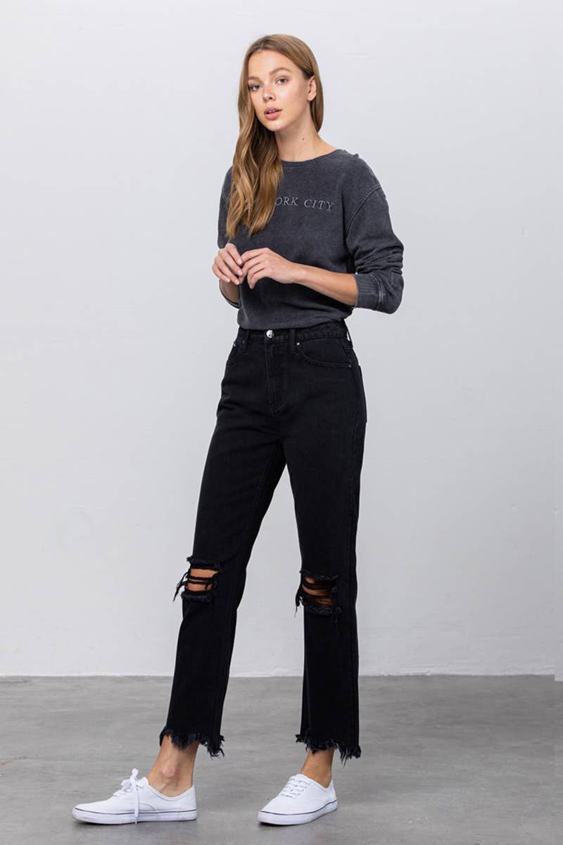 Insane Gene USA - Vendita all'ingrosso Jeans - Donna - Jeans dritti con orlo sfrangiato strappato a vita alta3