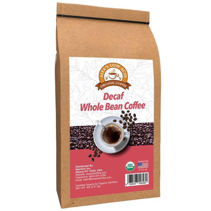 Alex’s Low Acid Organic Coffee™ – Decaf Whole Bean (5lb) for wholesale by Alex's Low-Acid Organic Coffee