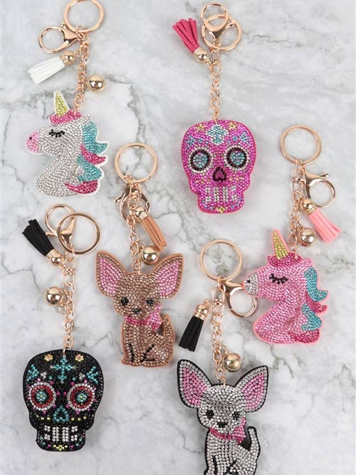 Sugar Skull Rhinestone Tassel Keychain Accessories for wholesale by MYS Wholesale Inc