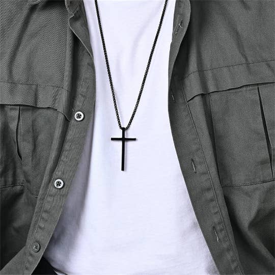 Perimade & Co. LLC - Wholesale Pendant/Charm Necklace - Mens Cross Charm Pendant Necklace in Stainless Steel