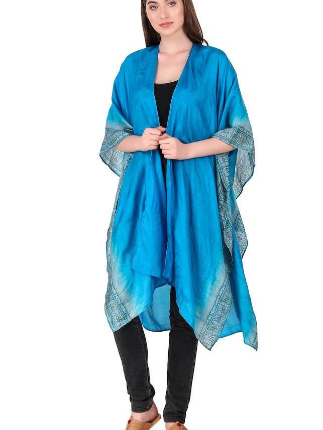 Vintage Blue Sari Kimono for wholesale by Sewing New Futures, Inc