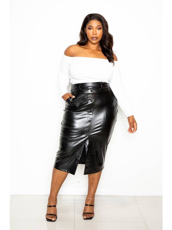 Black BUTTON FRONT PU MIDI SKIRT for wholesale on Faire