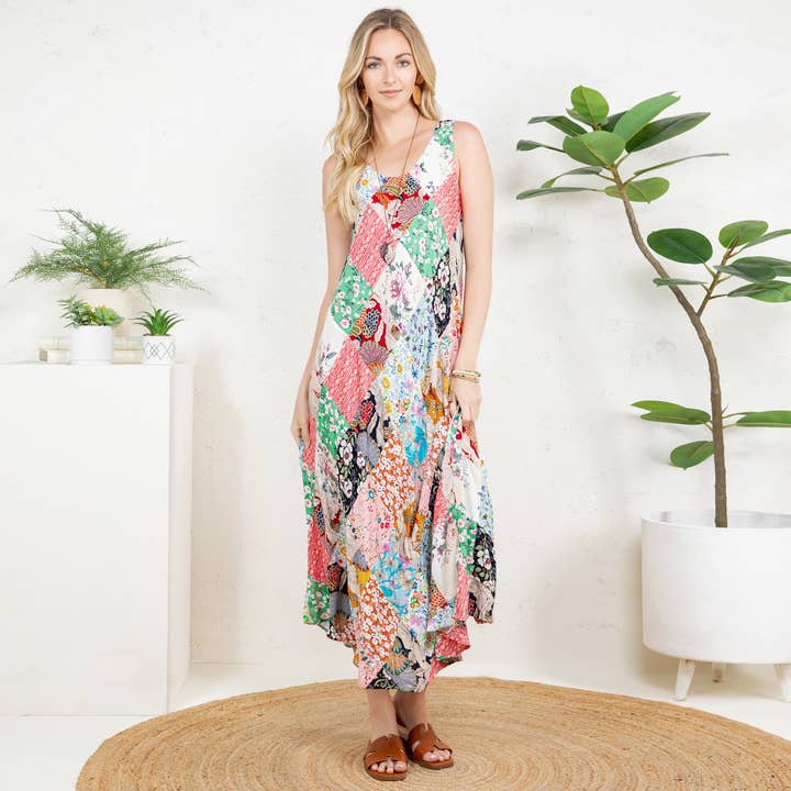 WESTERN BOHO PATCHWORK SLEEVES LONG DRESS for wholesale by Young Threads