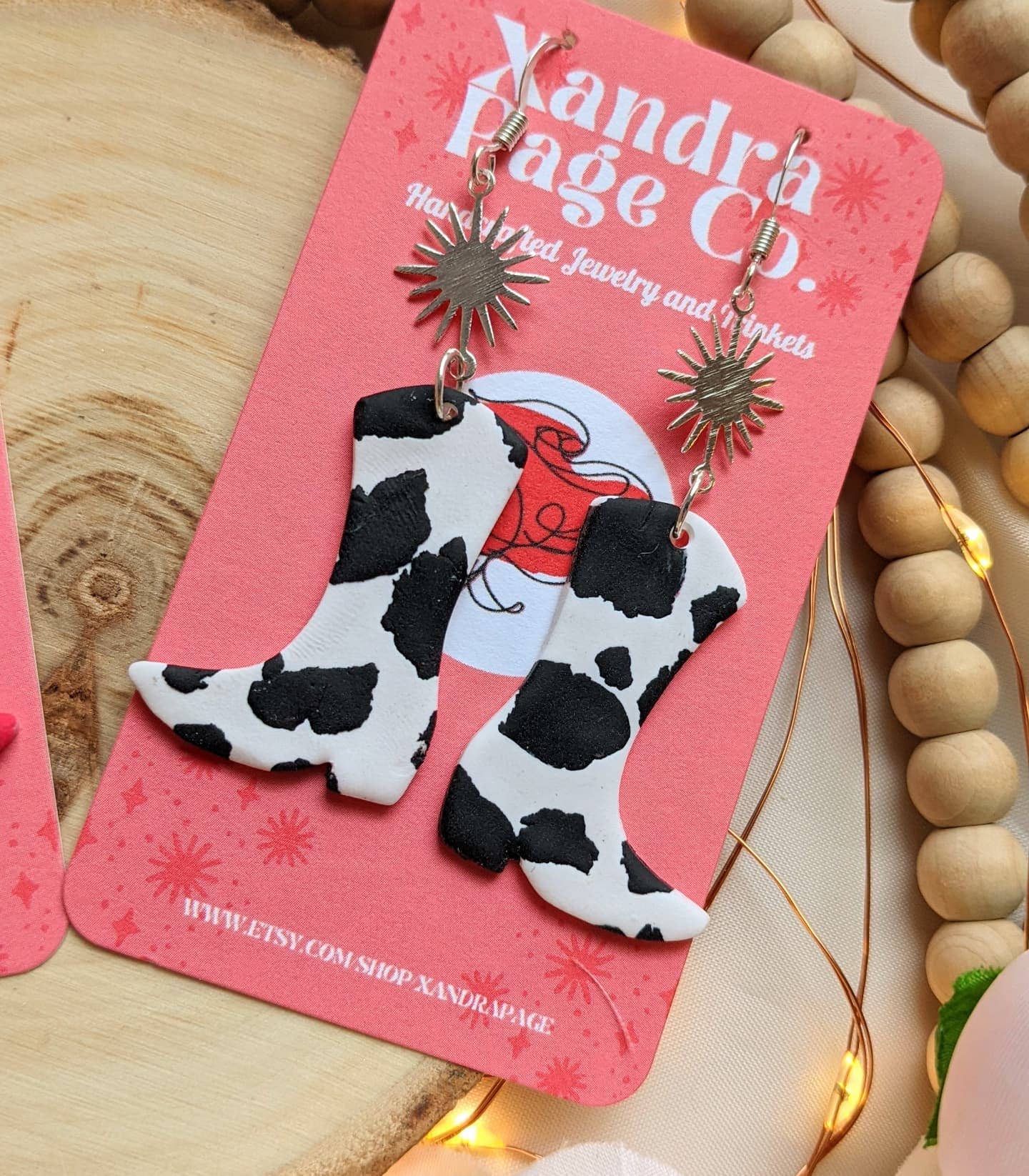 Xandra Page Co. - Wholesale Stud/Post Earrings - Cowboy Boot Earrings | Polymer Clay Cow print Pink & BW1