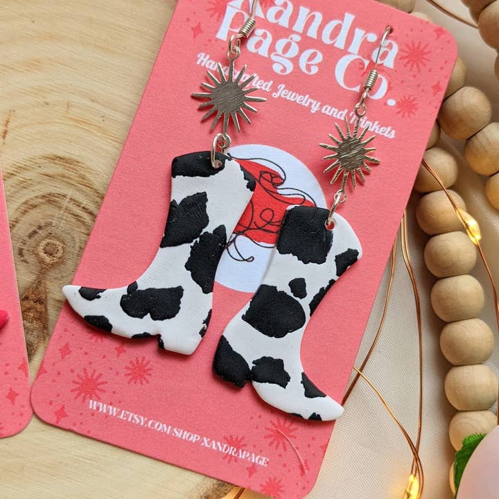 Xandra Page Co. - Wholesale Stud/Post Earrings - Cowboy Boot Earrings | Polymer Clay Cow print Pink & BW1