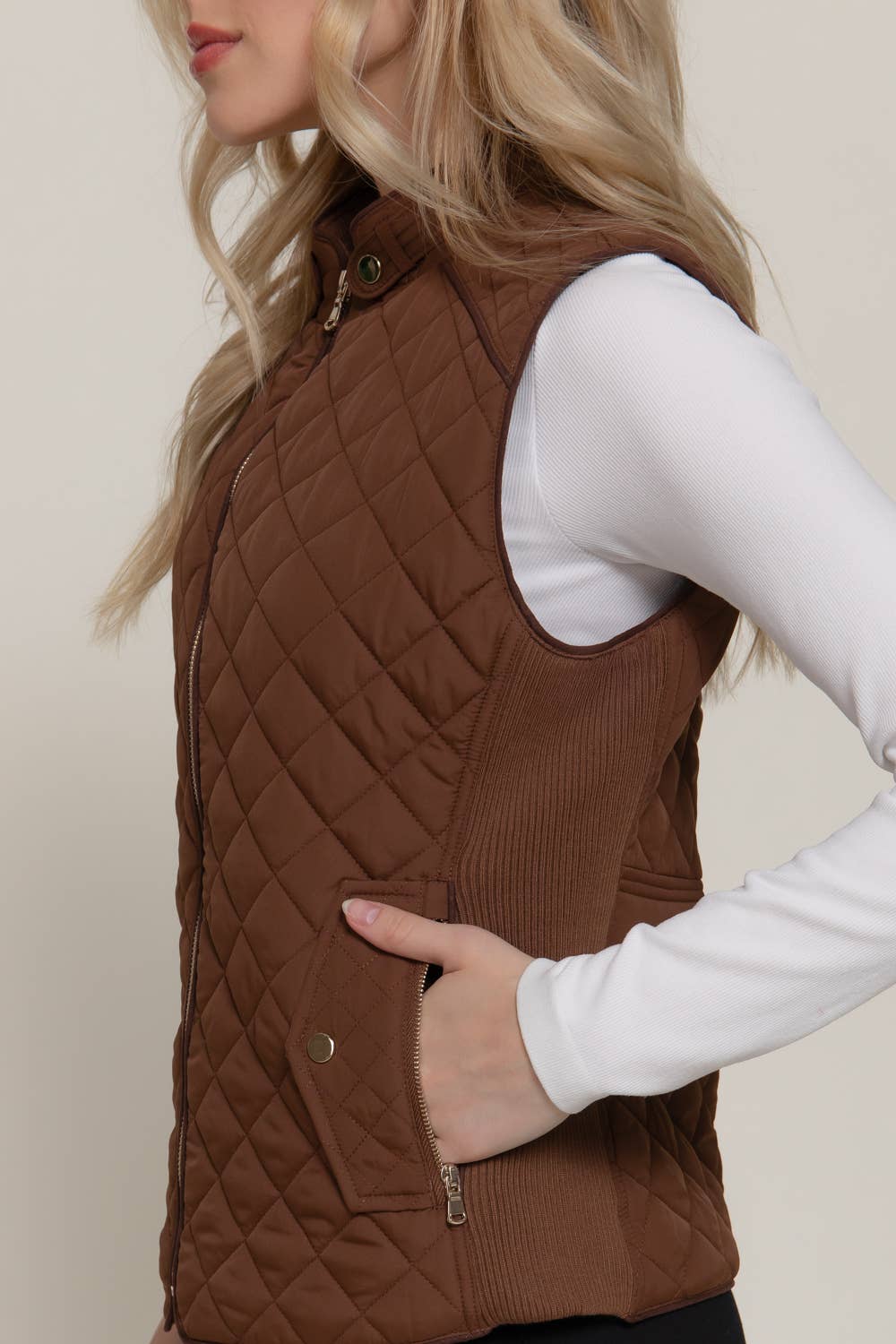 Active Basic | Active USA - Wholesale Outerwear Vest - Women's - Suede Piping Detail Rib Quilted Padding Vest9