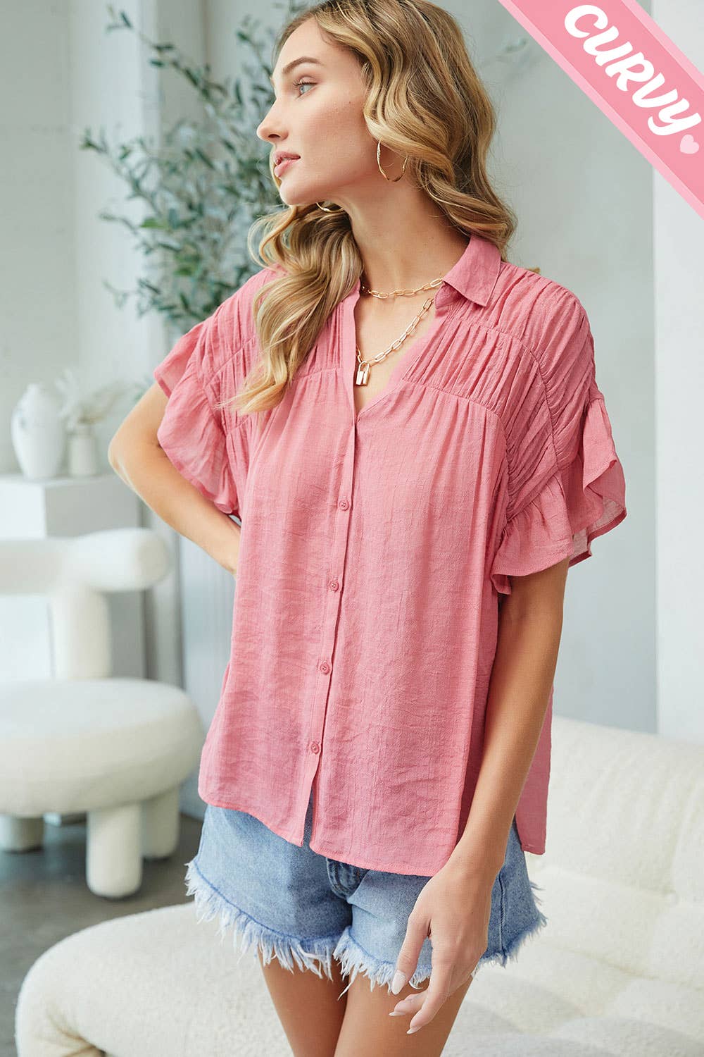 Sweet Lovely by Jen - Wholesale Button Down Shirt - Women's - PLUS SIZE CASUAL SHORT RUFFLE FLOWY SHIRT42