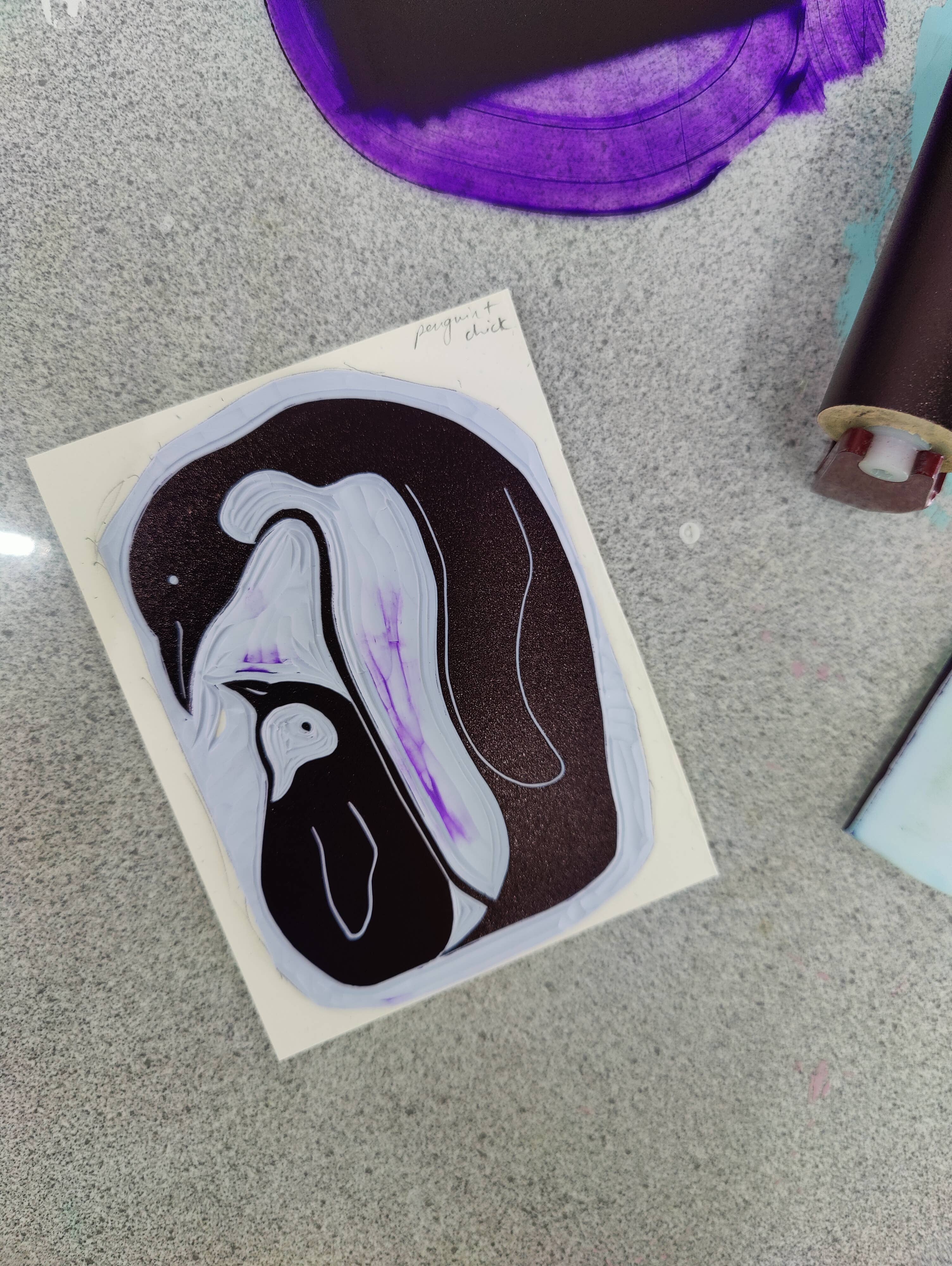 Winter Pickle Press - Wholesale Baby Card - Handprinted linocut penguin and chick folded card2