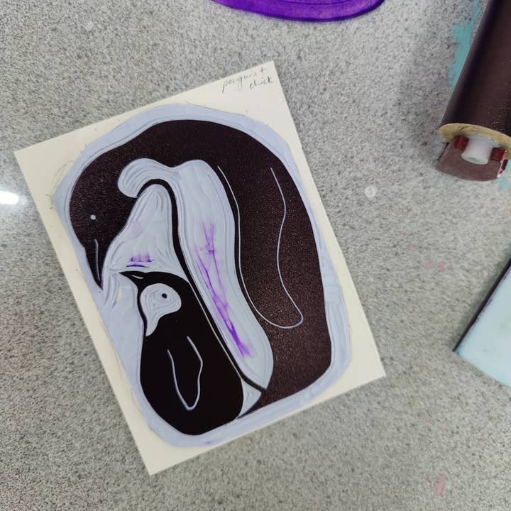 Winter Pickle Press - Wholesale Baby Card - Handprinted linocut penguin and chick folded card2