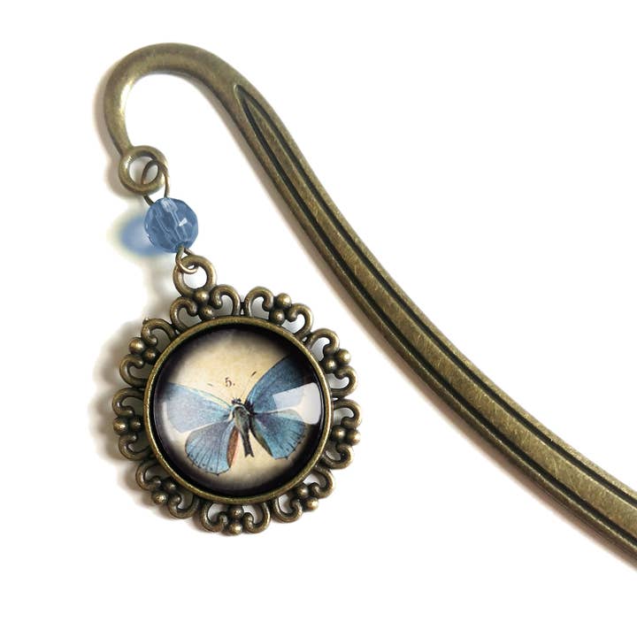 Blå sommerfugl bronze og glas cabochon bogmærke for engroshandel hos The Divine Iguana