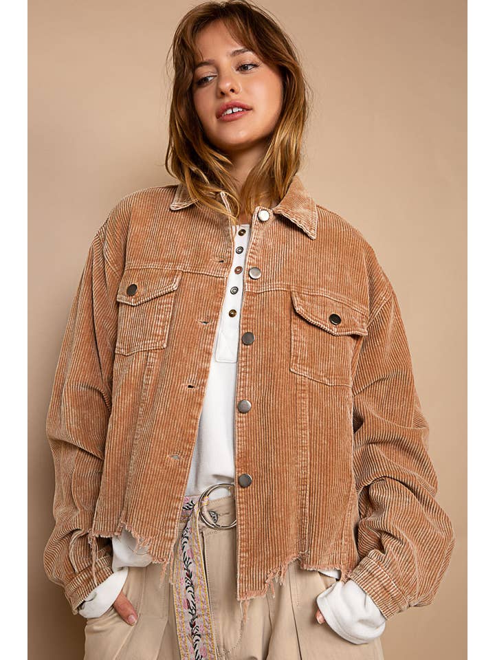 Pol Clothing - Wholesale Jacket - Women's - Pocket front button down distressed hem corduroy jacket SALE
