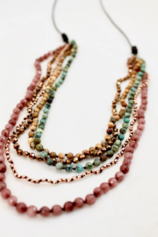 LIZOU - Wholesale Beaded/Pearl Necklace - Quartz, Jasper, African Turquoise Mix Hand Knotted Long1