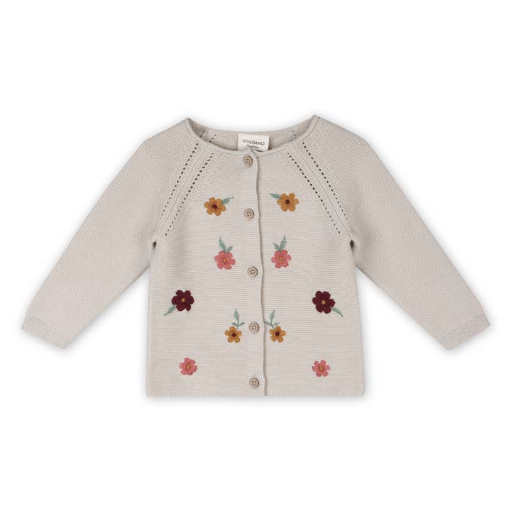 Jersey tipo cárdigan para bebé de punto de perlas bordado con flores, orgánico para venta al por mayor de Viverano Organics