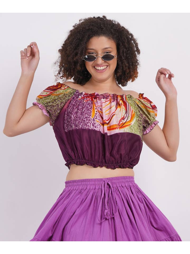 Wevez - Wholesale Knit Top - Women's - Women's Floral Print Off Shoulder Crop Length Puff Tops Lot