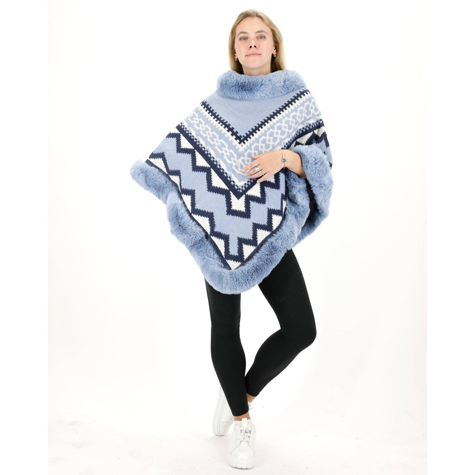 ASSORTED Zig Zag Pattern Faux Fur Poncho P4030 (12PC) for wholesale on Faire9