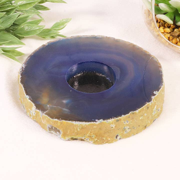 Agate Candle Holder Sliced Blue - Agate Tea Light Holder for wholesale by Natures Artifacts Inc