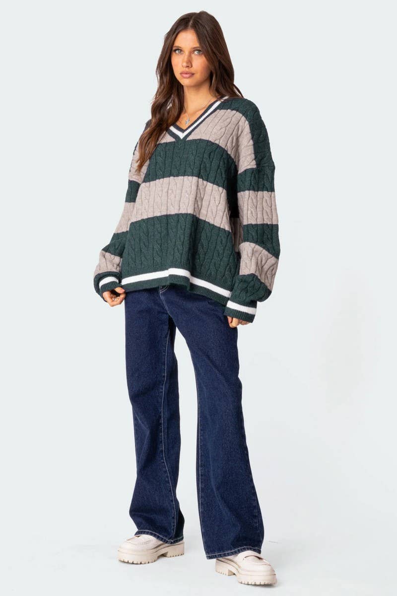 NINEXIS - Wholesale Knit Sweater - Women's - CWOSWL08090_V NECK STRIPED COLORBLOCK KNIT SWEATER1