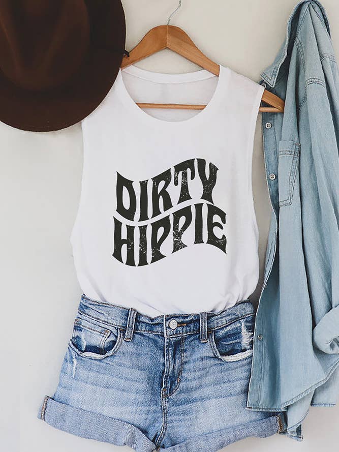 White Dirty Hippie Print Sleeveless Graphic Tank Top STC125C184 for wholesale on Faire1