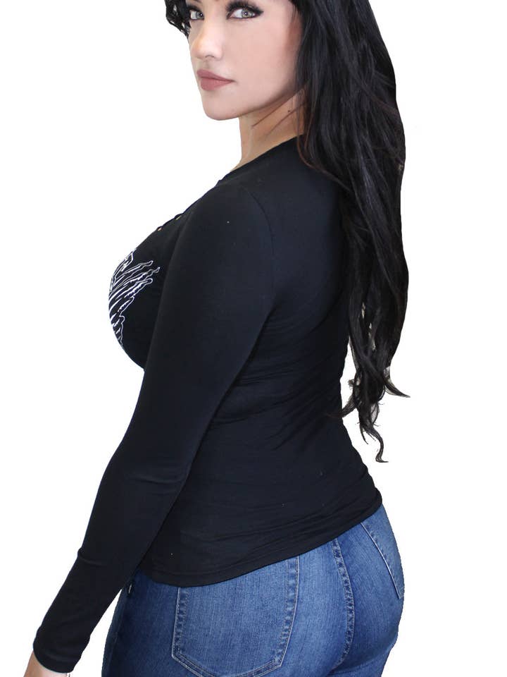Demi Loon - Wholesale Screen Printed T-Shirt - Women's - Holy Hell Wings & Skull Wings Tattoo Biker Slash LS Tee- Black