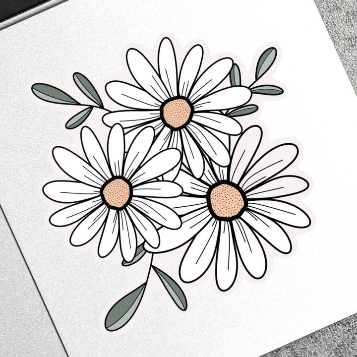 White Daisy Boho Vinyl Waterproof Sticker for wholesale by Little Cabins Creative Co
