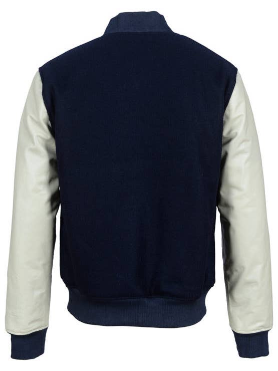 Blue Wellford - Wholesale Bomber Jacket - Men's - Varsity CHAR leather jacket with wool sleeves