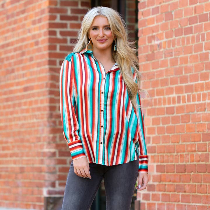 Serape Print Button up with Sequin Shoulders for wholesale by Your Fashion Wholesale