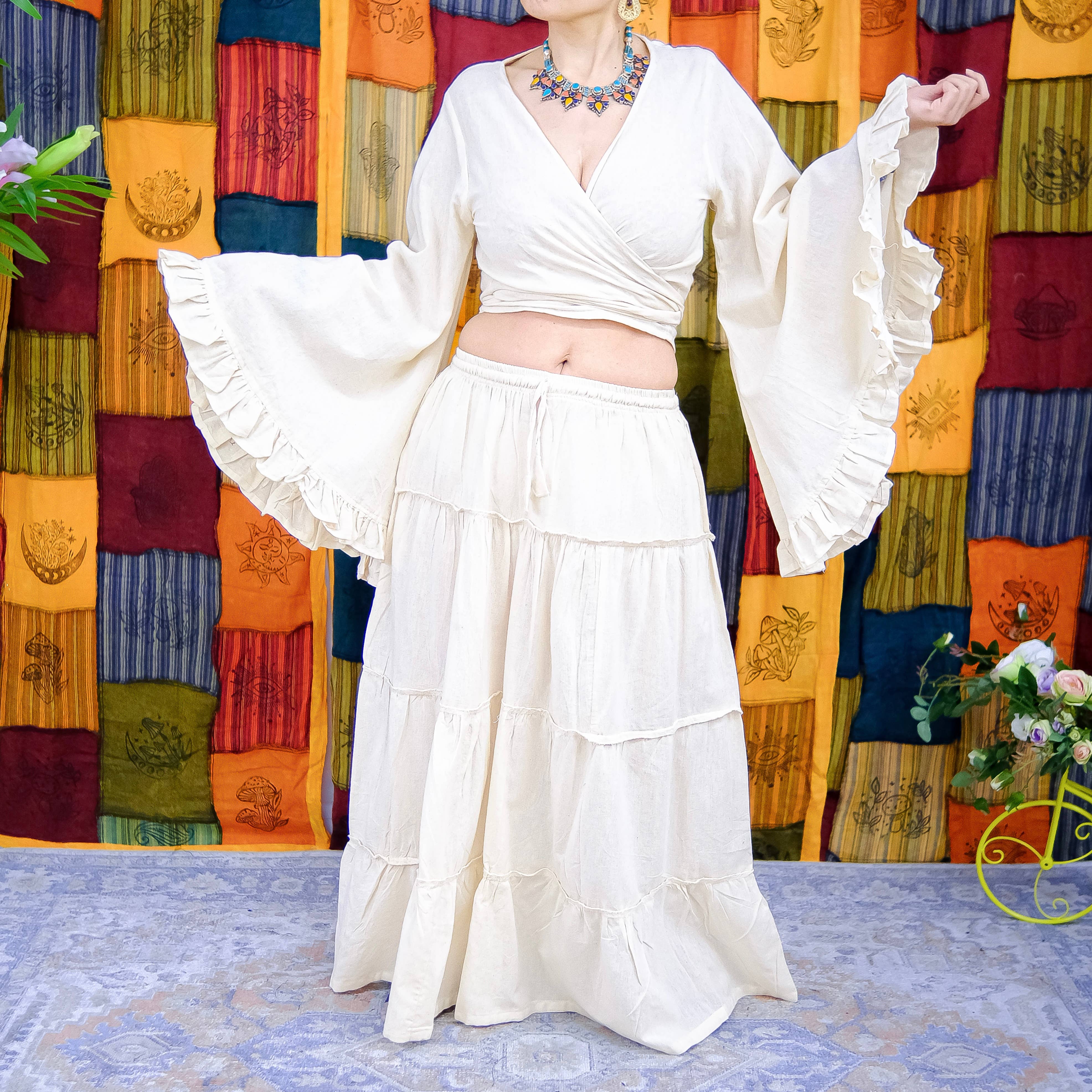 Karma Nepal Crafts - Vendita all'ingrosso Completo top e gonna - Donna - Set top con gonna fluida in cotone a strati con maniche a balze12