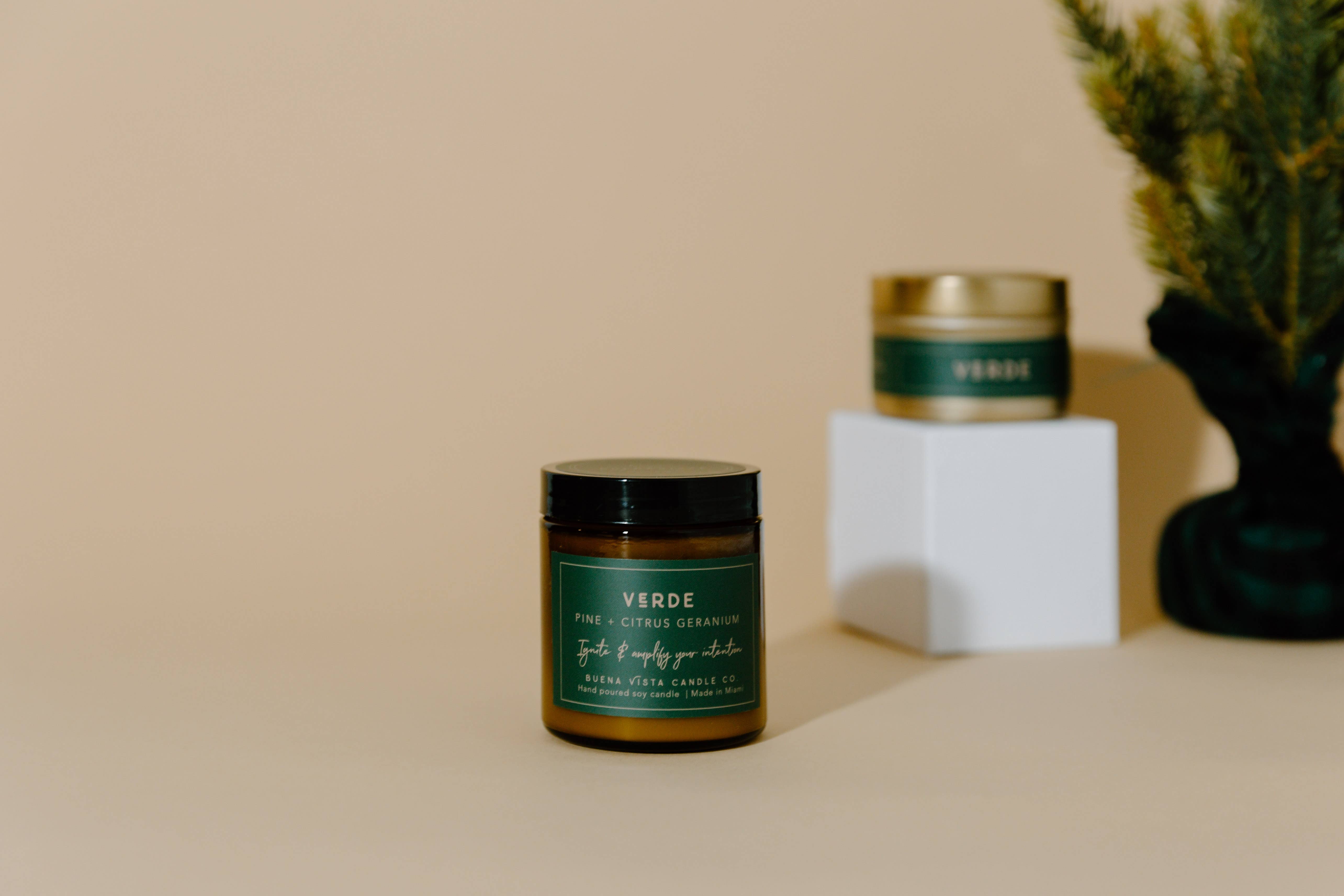 Buena Vista Candle Co. – wholesale Jar/filled candle – Verde (Pine + Citrus Geranium) Soy Amber Glass Candle1