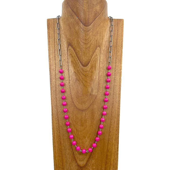 NKY250525-05 38'' Silvermetallkedja med hetrosa stenpärlor Halsband för wholesale av Western Elite Jewelry