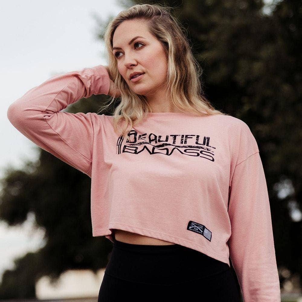 Grunt Style - Wholesale Screen Printed T-Shirt - Women's - Women's Beautiful Badass Long Sleeve Cropped T-Shirt - Desert Pink4