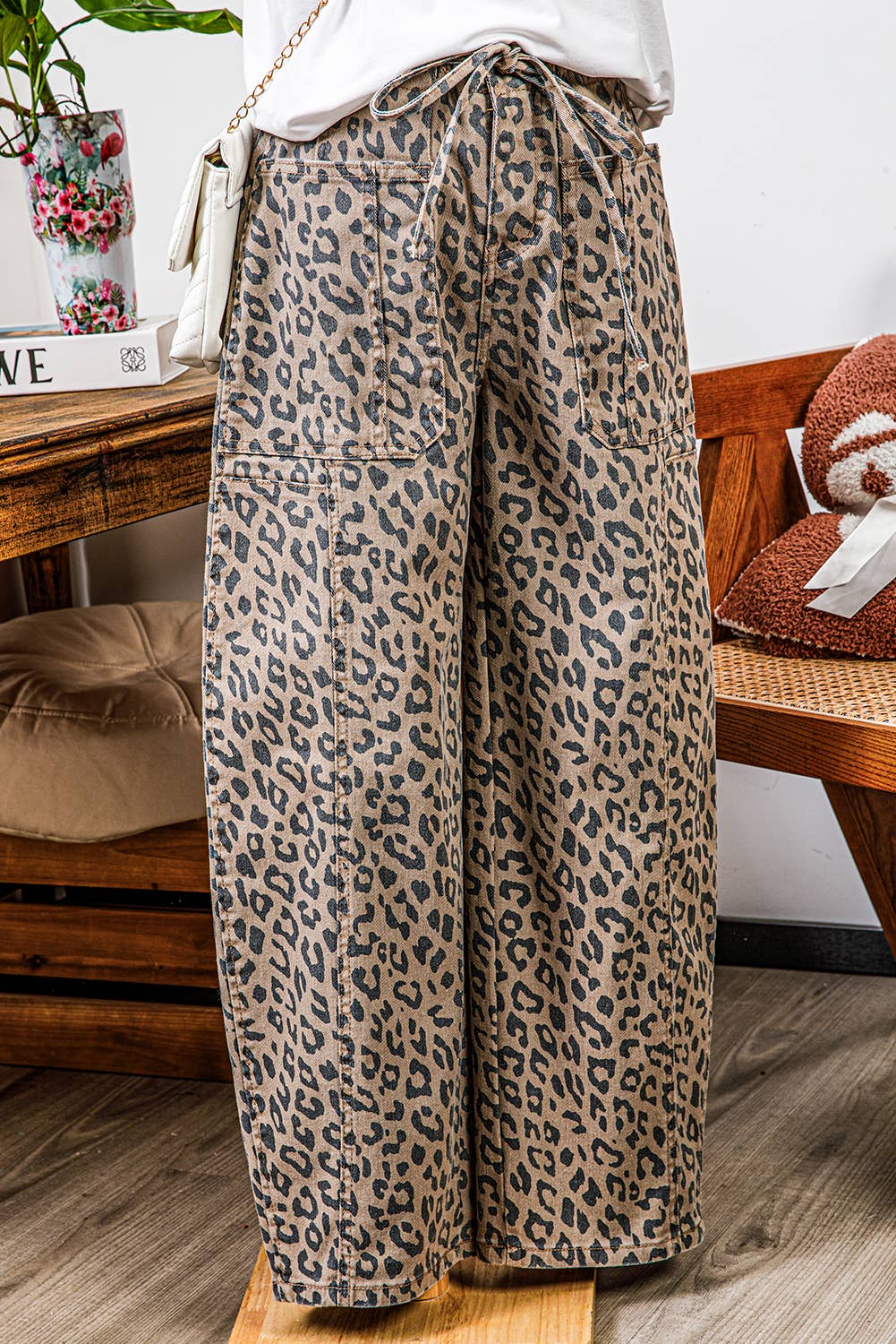 As shown Fashion-W Leopard Drawstring Waist Pocketed Wide Leg Jeans for wholesale on Faire9