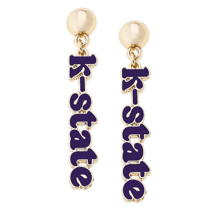 Kansas State Wildcats Slogan Earrings in Purple/Shiny Gold for wholesale by Canvas Style