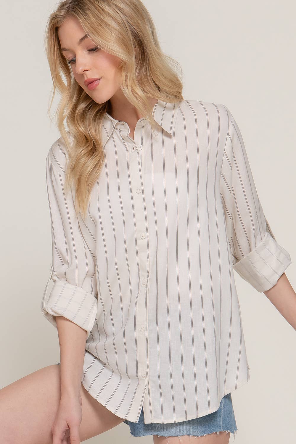 Active Basic | Active USA - Wholesale Button Down Shirt - Women's - Long Sleeve Button Down Stripe Linen Oversized Shirt17