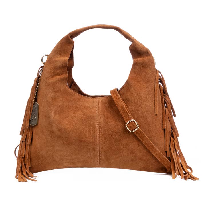 Borsa a spalla Barisciano. Pelle scamosciata autentica, con frange. per la vendita all'ingrosso da parte di FIRENZE ARTEGIANI