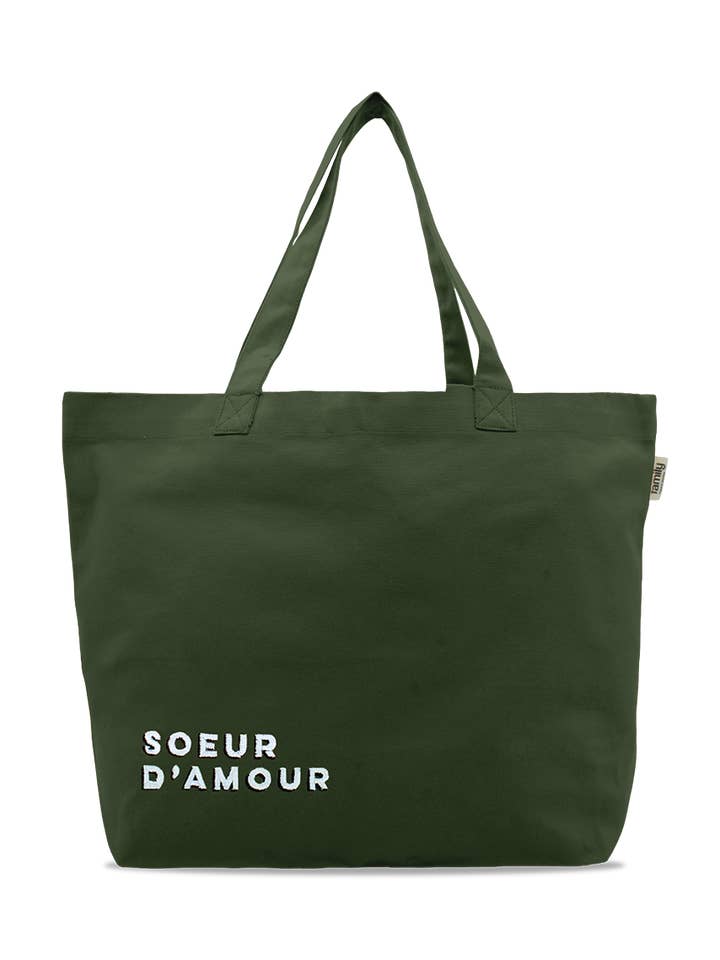 Saco de compras bordado IRMÃ DE AMOR oliva por atacado de Family Impact Stories