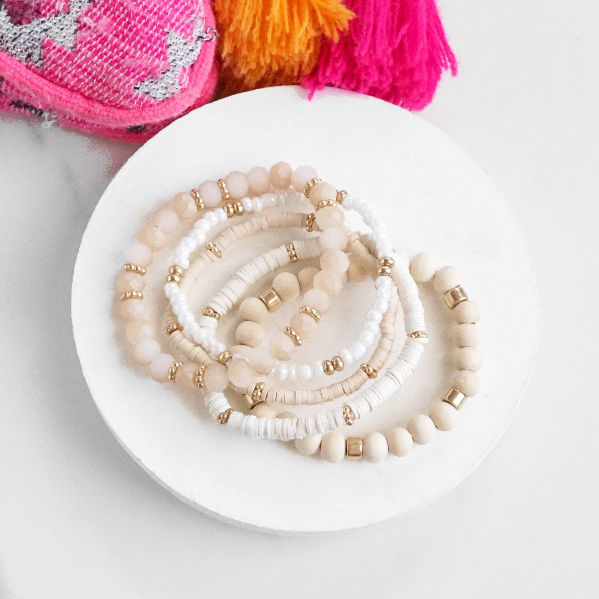 PennyLine inc - Wholesale Beaded Bracelet - Summer Fresh Neutrals stack clay glass wood beads bracelets set0