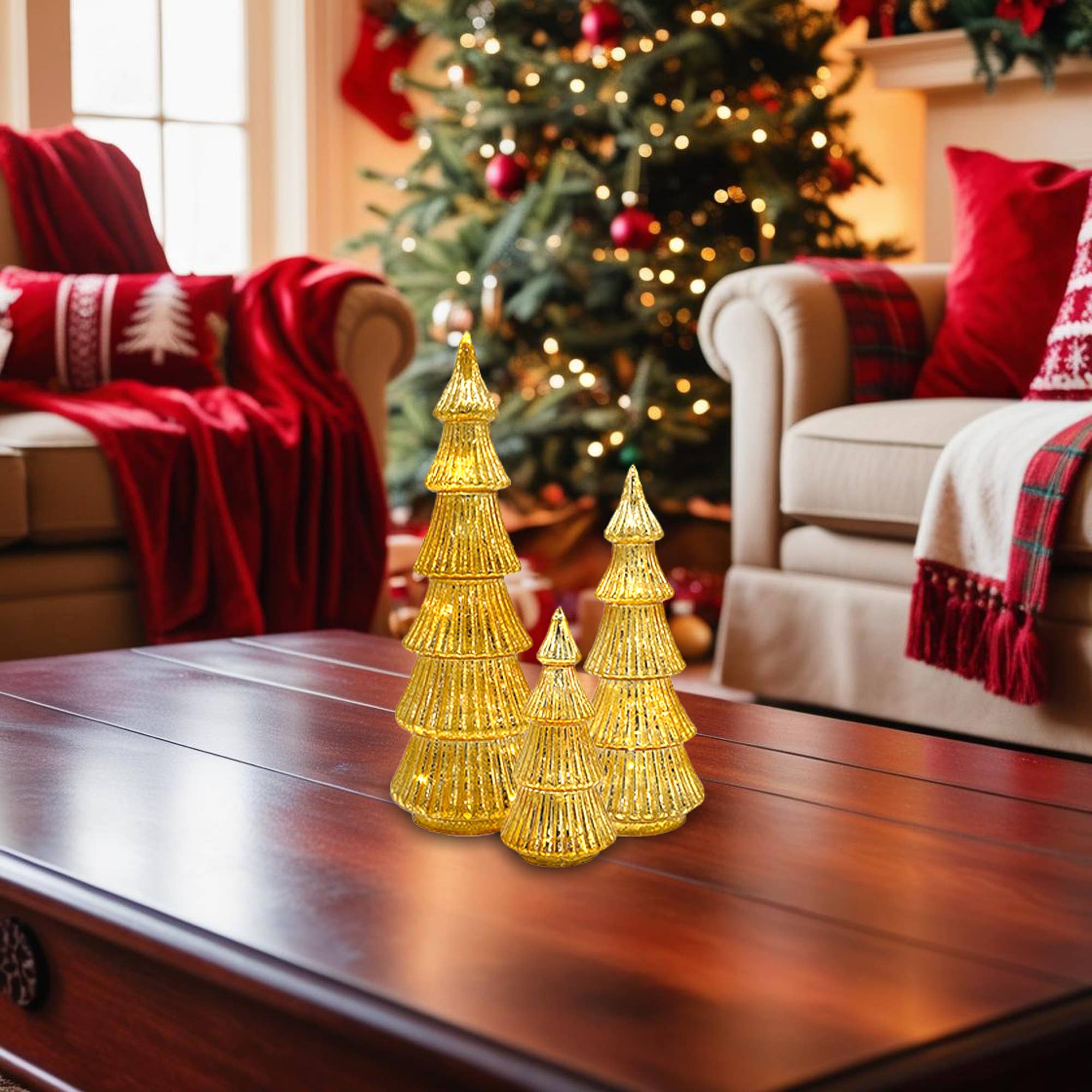 LumaBase - Wholesale Christmas Decoration - Battery-Operated Gold Trees - Set of 32