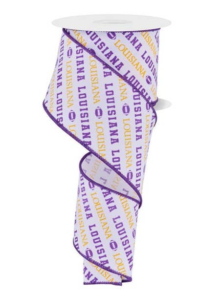 2.5"X10YD LOUISIANA DIAGONAL PATTERN - WHITE/GOLD/PURPLE - RGF1119 for wholesale by General Wholesale Inc