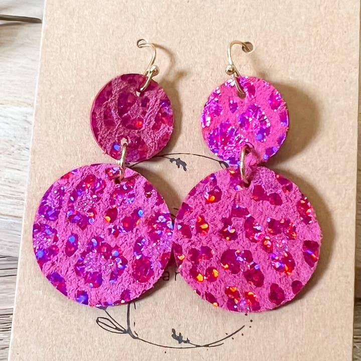 Pink Shimmer Leopard Tiered Round Earrings for wholesale by Bee Marie Market LLC