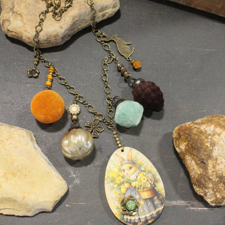 Flower Basket Bouquet Bunny Charm'd Necklace for wholesale by The Primitive Peddler, Inc.