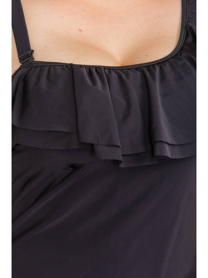 P228395 Black Ruffled One-Shoulder Swimsuit for wholesale on Faire6
