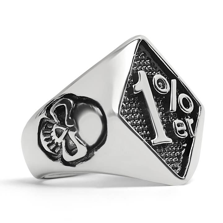 Stainless Steel "1%er" With Skull Accents Signet Ring for wholesale by WJW