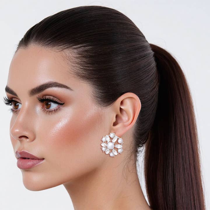 Studs Silver White Pearl Domed Cluster Earrings for wholesale on Faire2