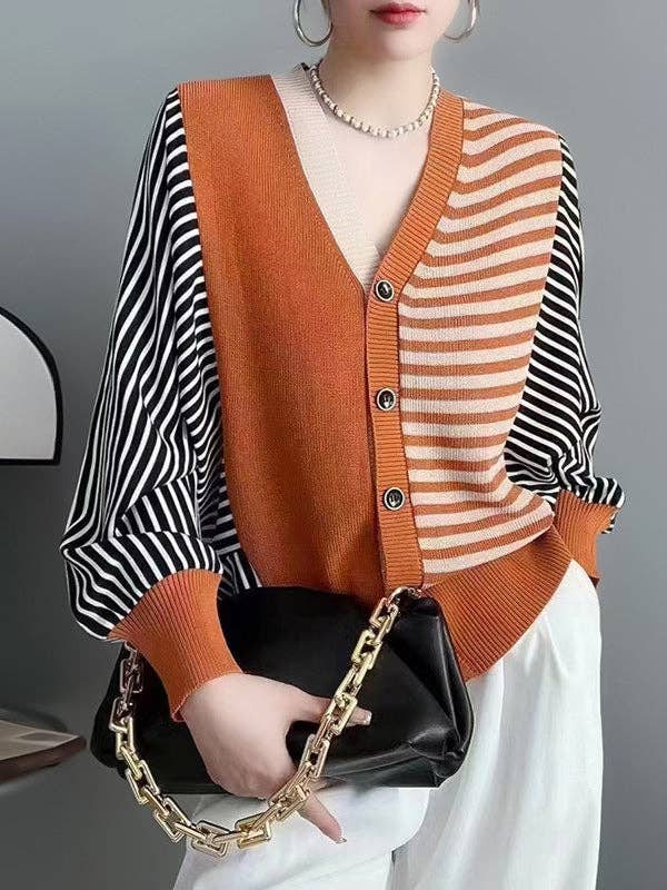 StyleGalX - Wholesale Cardigan - Women's - Long Sleeves Loose Buttoned Contrast Color Split-Joint Striped V-Neck Cardigan Tops Knitwear1