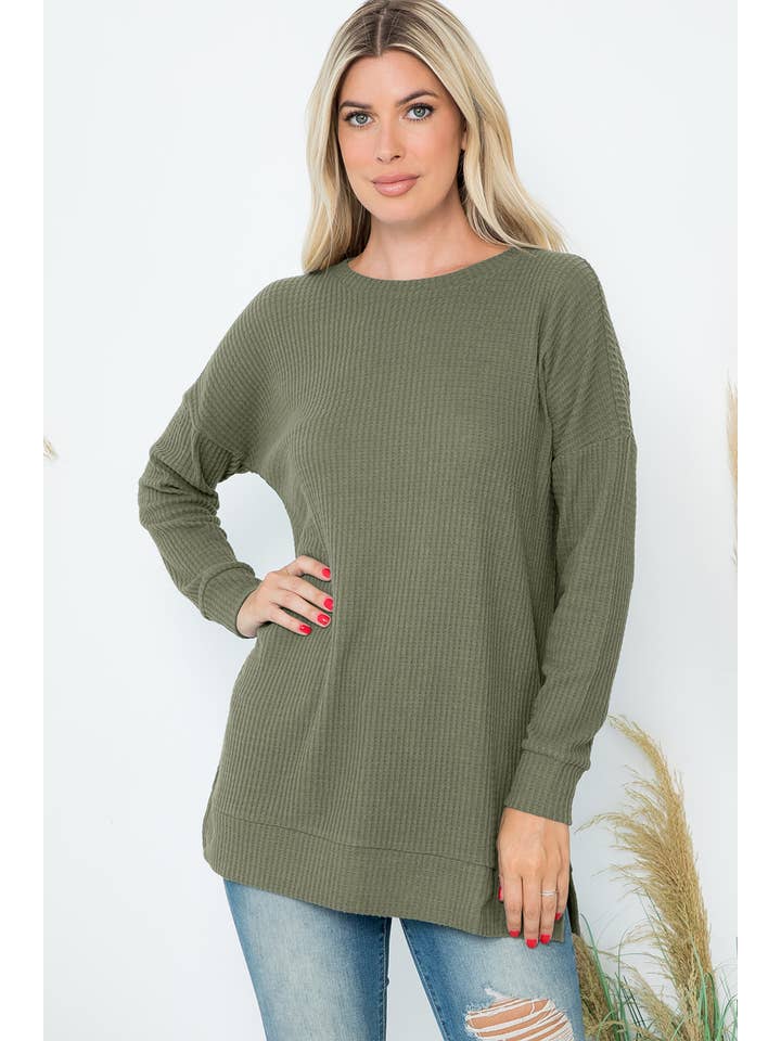 You & Me - Wholesale Tunic Sweater - Women's - BRUSHED WAFFLE ROUND NECK SIDE SLIT SWEATER0