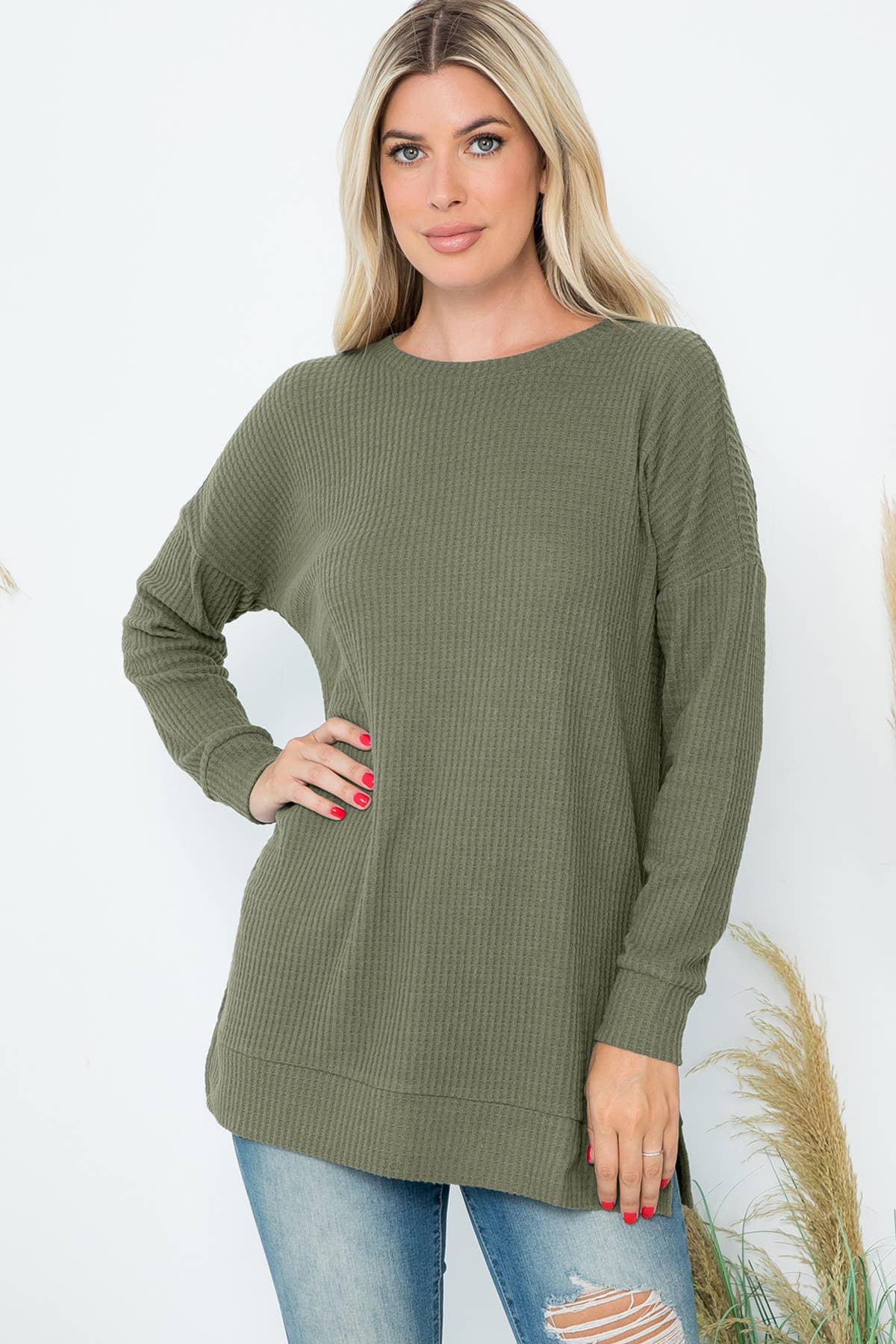 You & Me – Engroshandel Tunika - Dame – BØRSTET VAFFEL RUNDHALSET TRØJE MED SIDESLIDSER