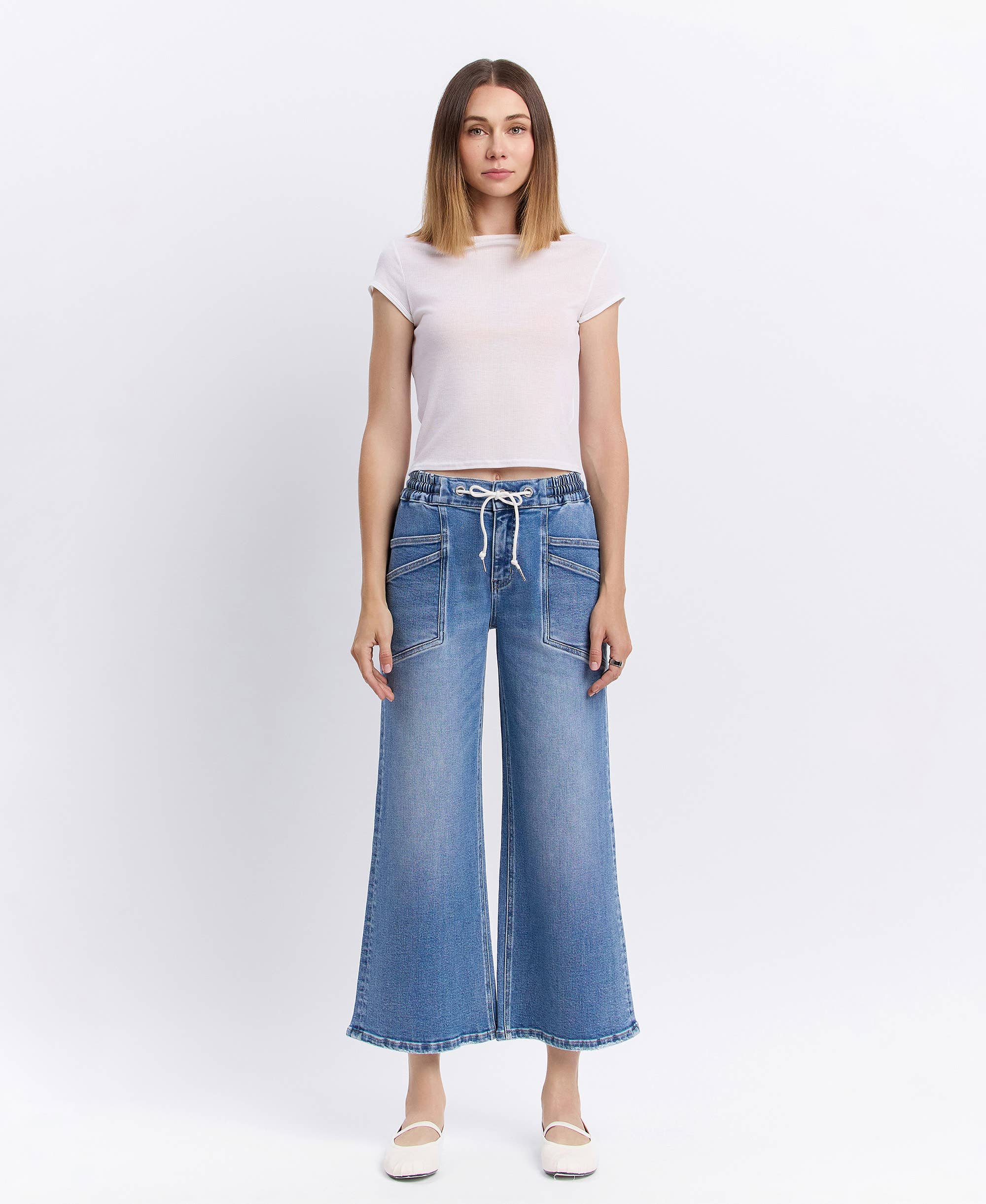 REASSURE HIGH RISE DRAWSTRING WAISTBAND WIDE LEG JEANS V3650 for wholesale on Faire3