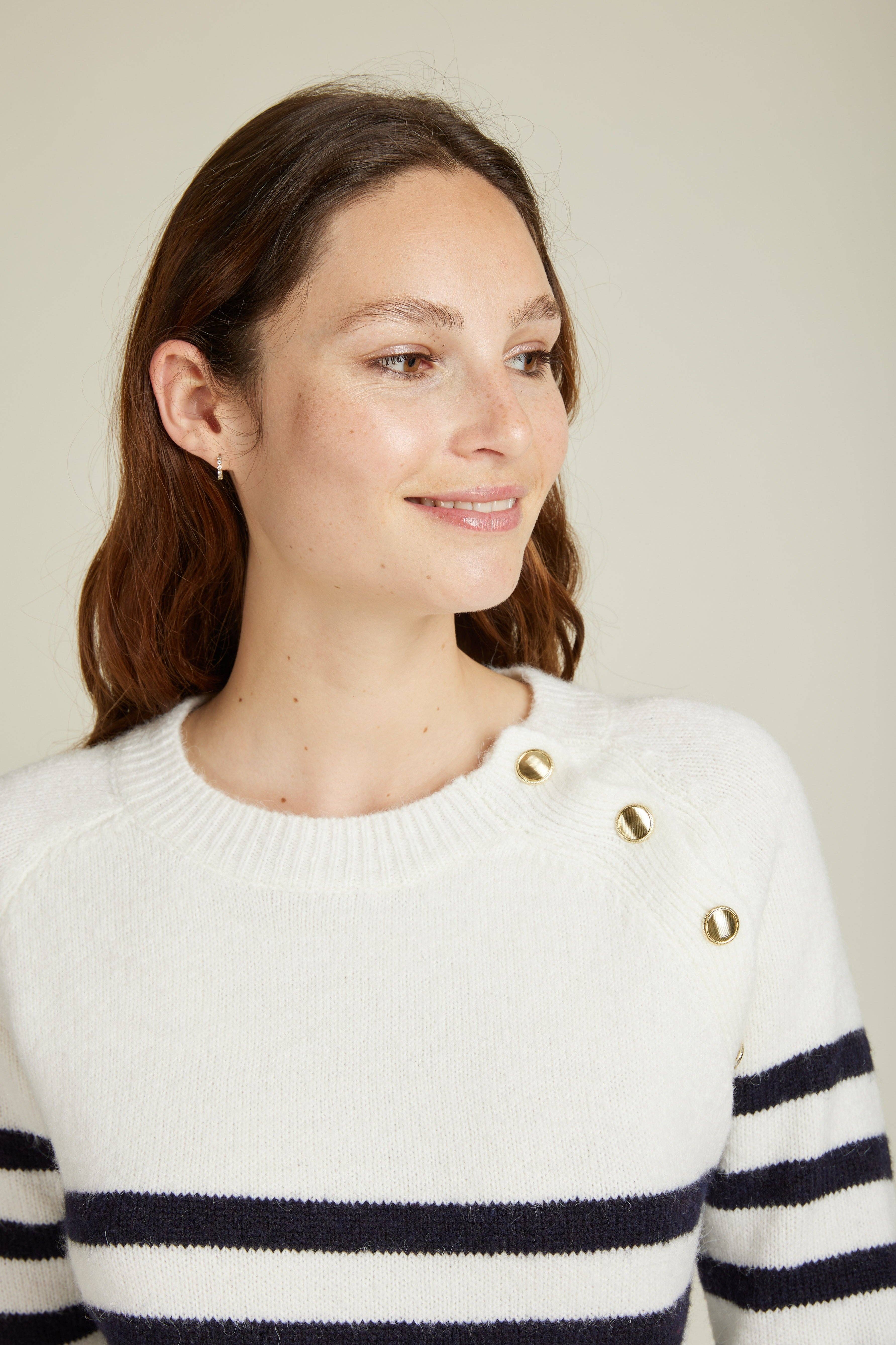 Andy & Lucy - Wholesale Dress - Women's - ARLENE - Mid-length sweater dress with stripes and gold buttons11